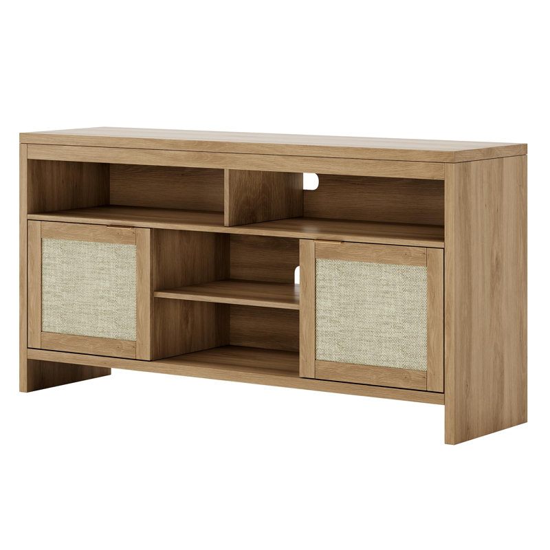 Ensemble de 2 meubles télé en rotin Boho, centre de divertissement / console multimédia moderne de 58 po - portes et tablettes réglables de rangement - pour téléviseurs de 65 po ou moins dans le salon - 2 pièces