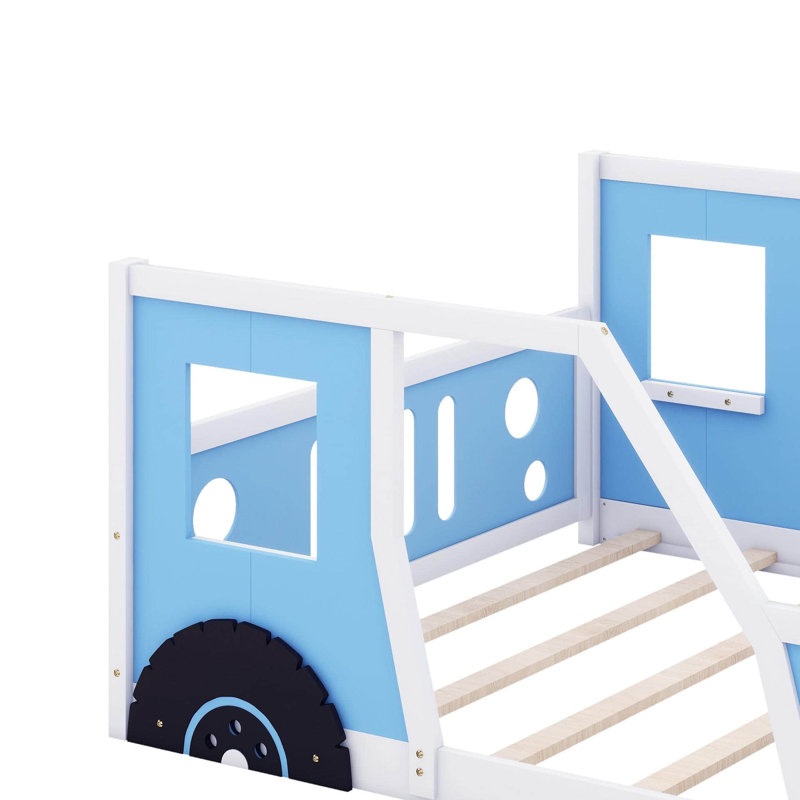 Lit plateforme double avec roulettes, Bleu