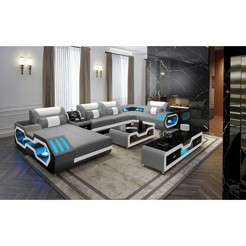 Maryela Upholstered U-Shaped Sectional, Left Hand Facing, Light Gray/White