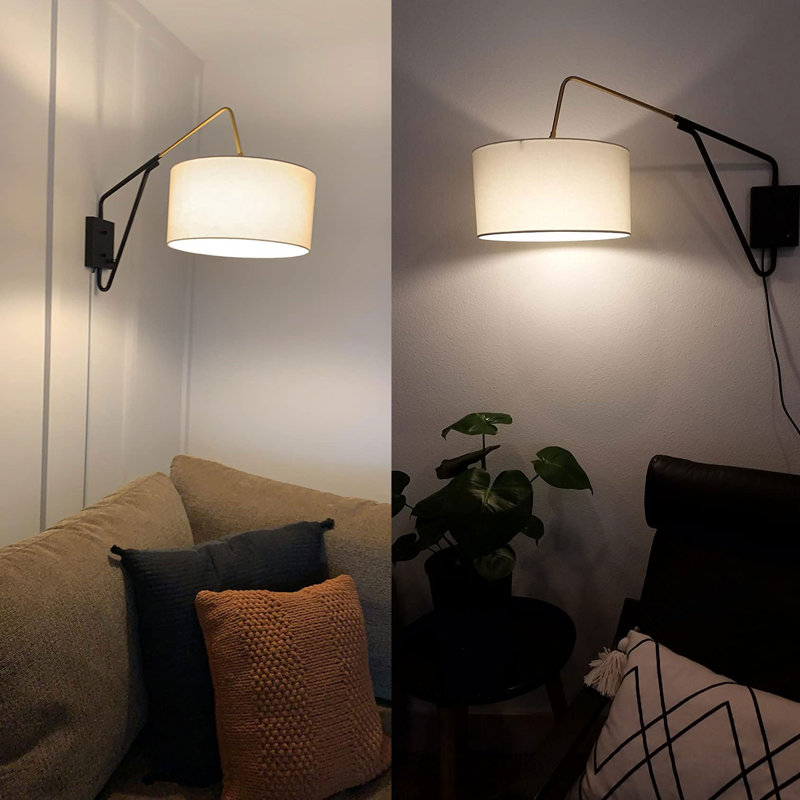 Applique murale de chevet avec bras pivotant pour salon, fixation murale / avec abat-jour en tissu blanc cassé