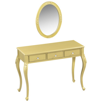 Stylish Oval Mirror Dressing Table With 3 Drawers For Jewelry, Luxury Console Home, Wood - Legged Vanity In Gold Elegant Makeup Unique And Storage Drawers, Bedroom Entryway