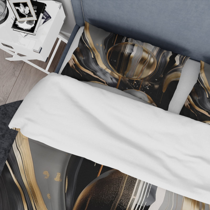 Twin Gold and Black Abstract Marble Microfiber Duvet Cover Set