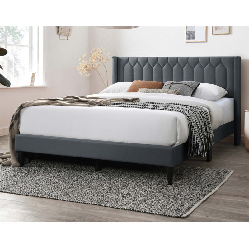 Lit moderne en tissu de jute attrayant avec tête de lit et base de lit à motif de losanges unique