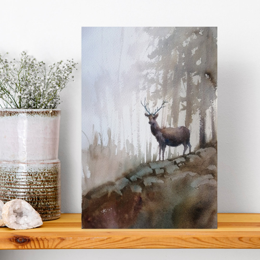 Misty Forest Stag Peaceful Rustic Serene Deer Autumn Forest Wall Art Print