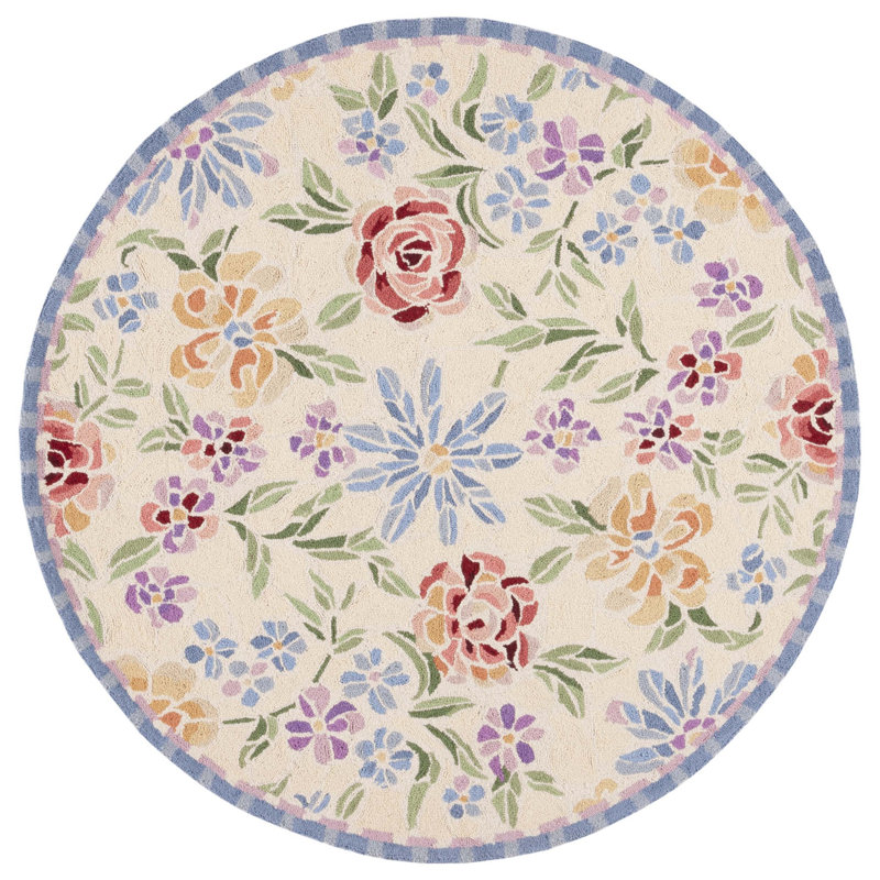 Papillon Hand Hooked Wool Pile Floral Rug, Round 4'