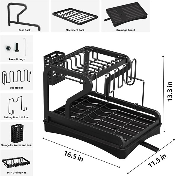 Dish Drying Rack, 2-tier,black Dish Rack With Drain Board For