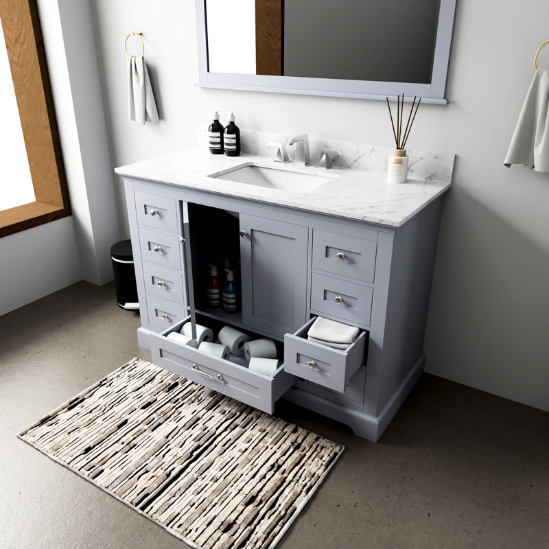 Tablette de meuble-lavabo gris foncé l 48 po x P 22 po avec rangement - fermeture en douceur, contreplaqué en bois massif E0, entièrement assemblé et tiroirs à rangement optimisé