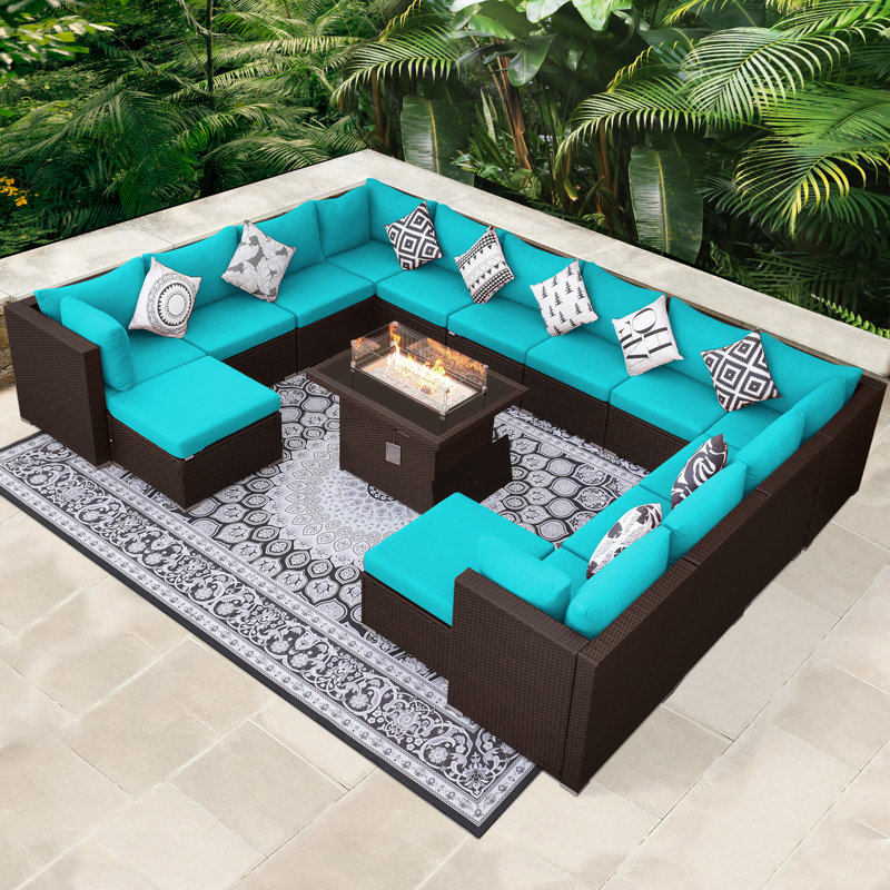 Pashk 12-Person 15-Piece Modular Wicker Outdoor Sectional Conversation Set with Cushions & 60,000 BTU Propane/Natural Gas Fire Pit Table