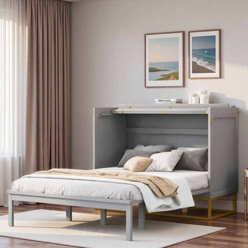 Lit escamotable moderne avec tablette intégrée et base en métal doré, Gray
