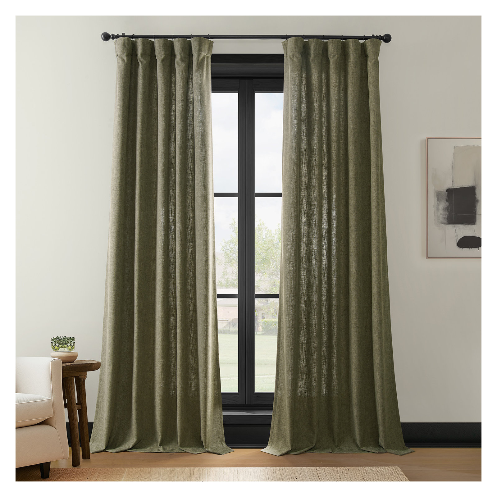 Farmbry Simply Faux Linen Curtains Pair - 2 Panels - Light Filtering Window Curtains, 50" W x 84" L, Green
