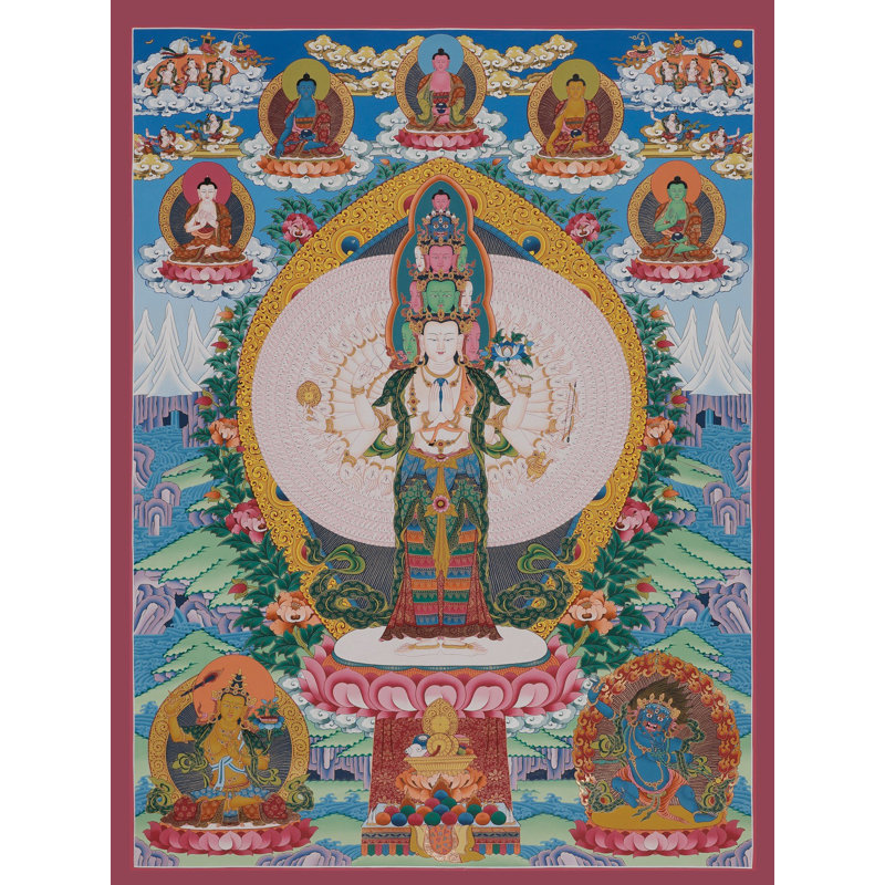 Amoghpasha Lokeshvara Thangka, art mural - Bodhisattva bouddhiste tibétain peint à la main, toile sans brocart en or 24 kt, décor de méditation pour la divinité