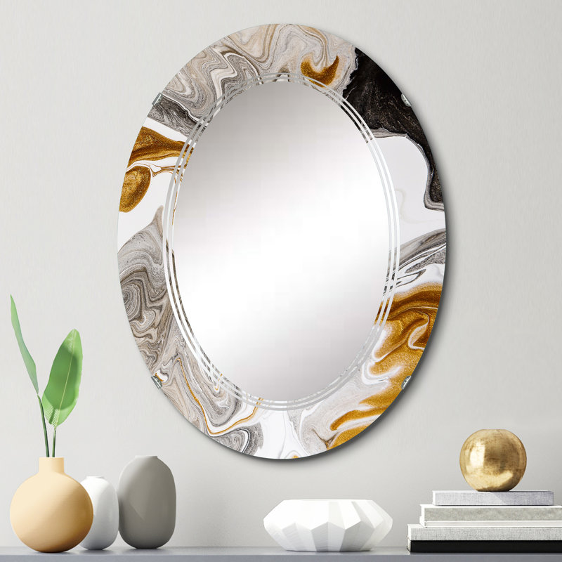 Abstract Oval Wall Mirror, Black White Marble Wave Mirror - Black And White Liquid Marble Waves III, 30" x 20"