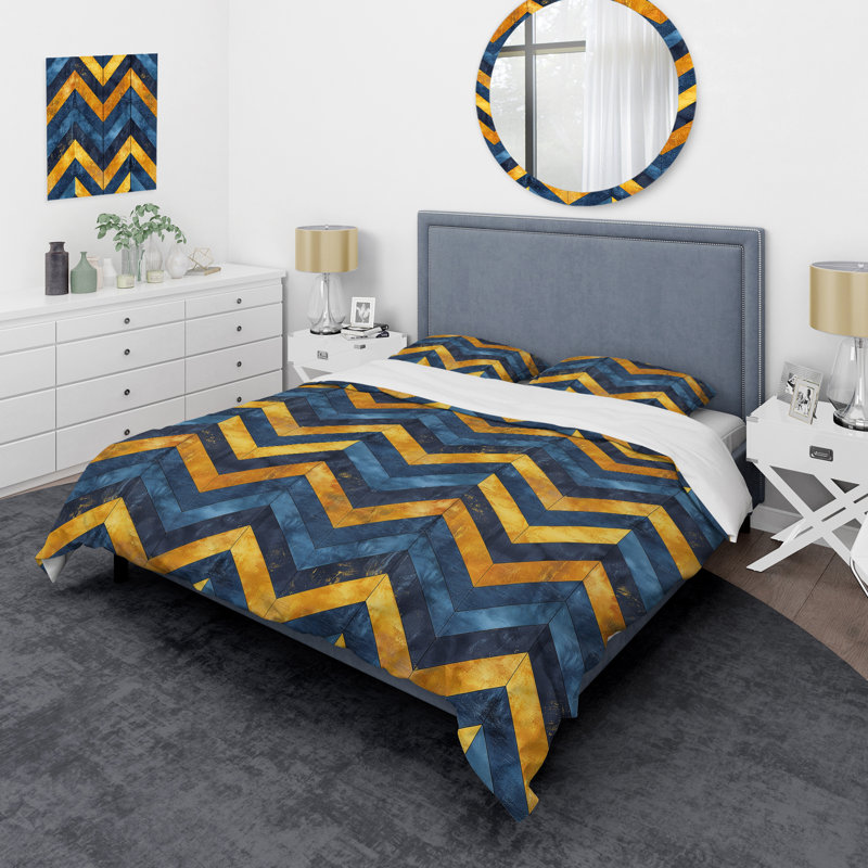 Ensemble de housse de couette moderne à motif de chevrons bleu et or III, Housse de couette très grand et 2 très grandes t