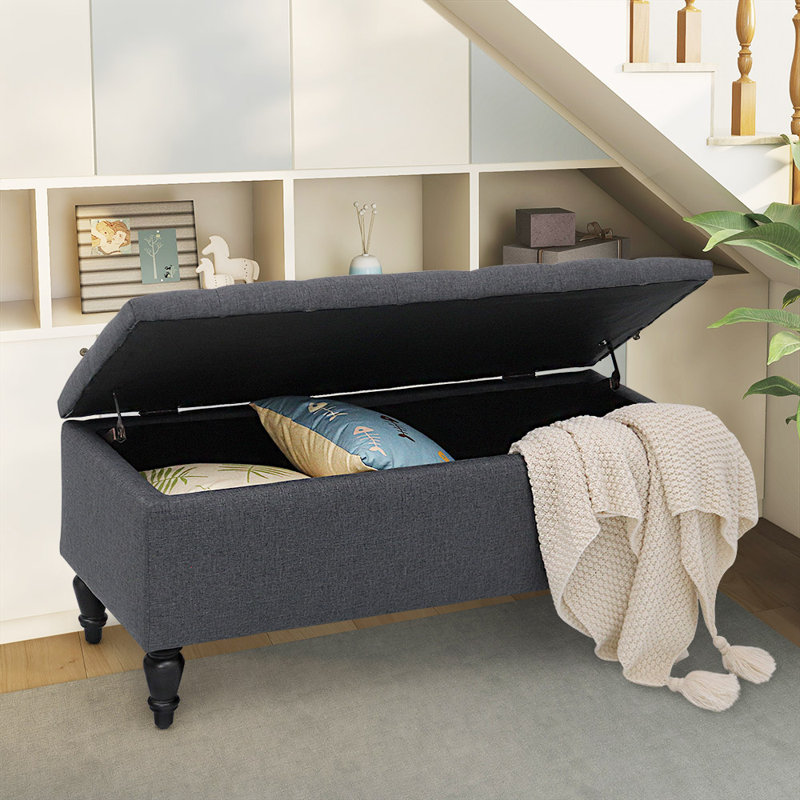 Banc de rangement rembourré avec pieds en bois massif Balcom, gris, H 17,7 po x l 45,2 po x P 18 po