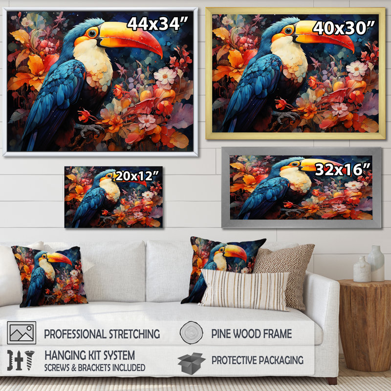 «Tropical Toucan Portrait I - Toucan Animal», art mural, Cadre flottant doré, H 24 po x l 32 po x P 1 po