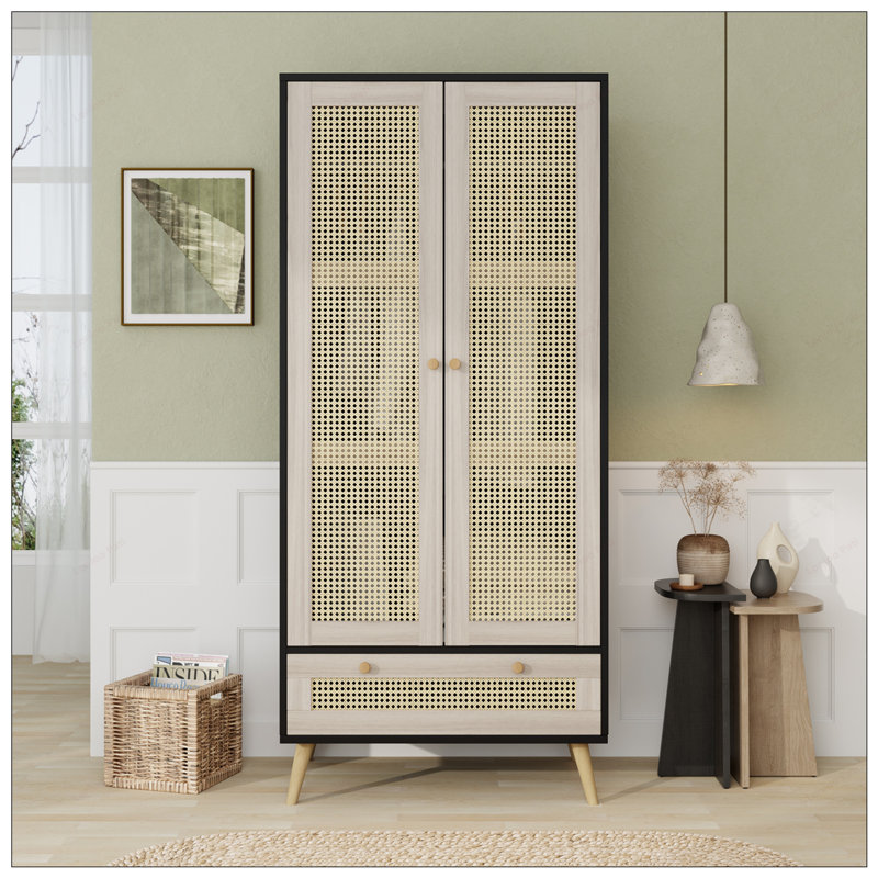 Armoire-penderie polyvalente avec portes en rotin et grand espace de rangement, parfaite pour une vie organisée et élégante