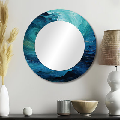 Aqua Blue And White Serenity Swirl II - Abstract Spirals Large Mirror, Modern Round Decorative Wall Mirror, Printed Metal Art