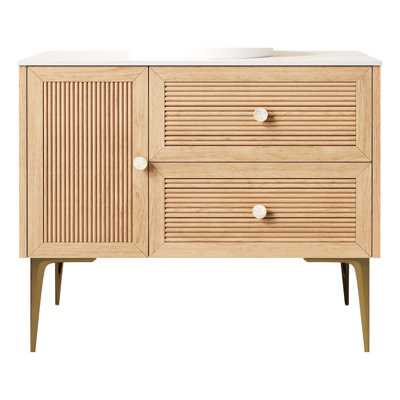 36" Freestanding Bathroom Cabinet With Oak Surface, White Sintered Stone Counter, Two Drawers, One Door, No Basin, High - Strength Plywood For Charm Finish, Protection