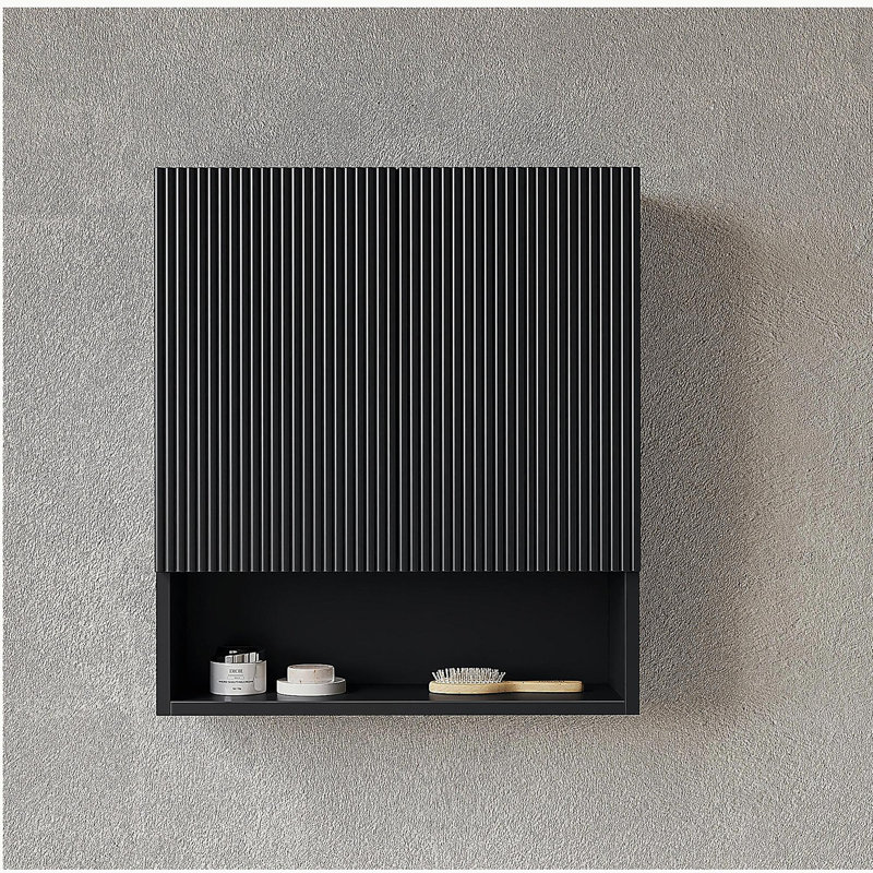 Armoire de salle de bain murale rayée de 26 po avec portes, tablette et compartiment de rangement ouvert au-dessus de la toilette pour salle de bain, cuisine, salle de lavage, couleur noire