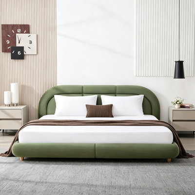 King Size,Modern Curved Upholstered Low Profile Platform Bed with Rounded Headboard(Velvet,Green)