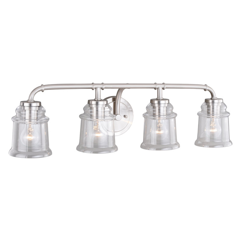 Luminaire de salle de bain industriel en nickel satiné à 4 lumières de 30,5 pouces de large Akini, abat-jour en verre transparent, à intensité variable, compatible avec DEL, applique murale en acier fixée au-dessus du miroir