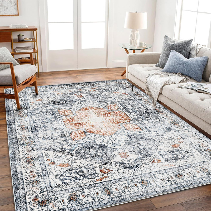 Gray and Orange Floral Pattern Washable Wool Area Rug 6' x 9'