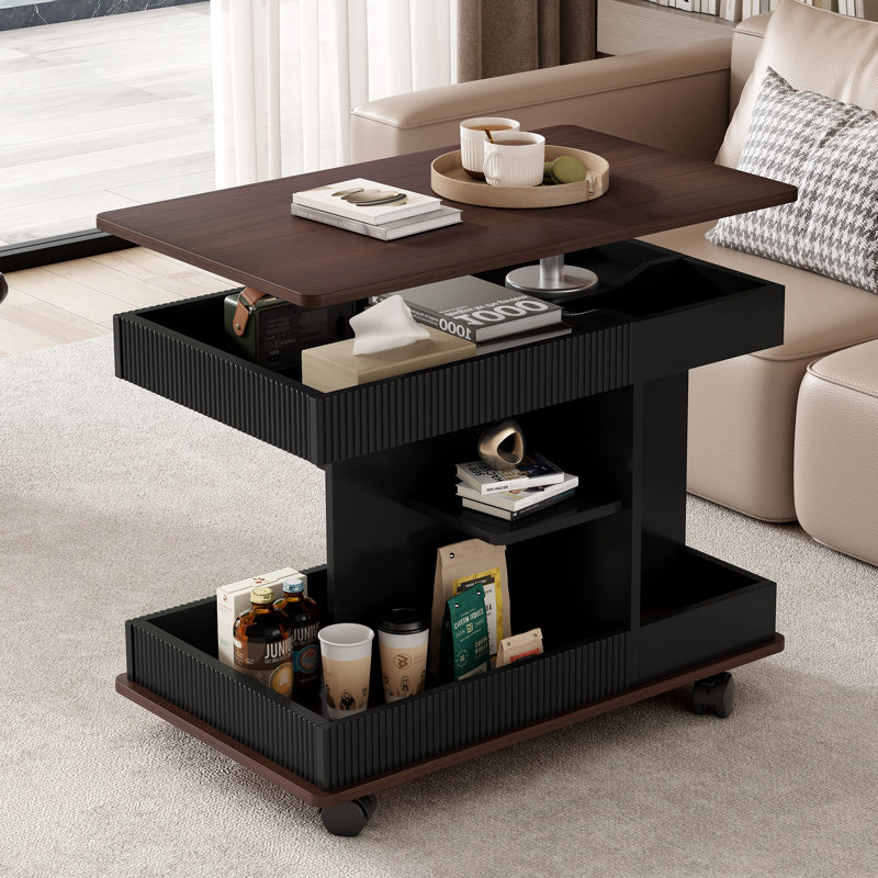 Adjustable End Table With Wheels Lift Top Rotating Surface And Storage Space For Living Room And Small Space Use, Black