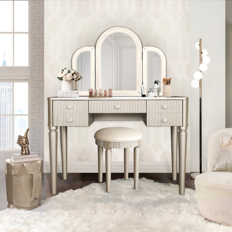 Ensemble de coiffeuse à miroir avec lumière DEL, ensemble de coiffeuse de chambre à coucher, Champagne