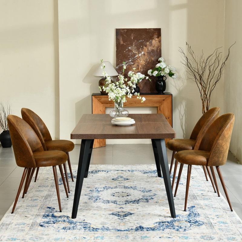 Hozel 5-Piece 63" Rectangular Dining Table Set with Upholstered Chairs and Metal Frame, Brown, Brown