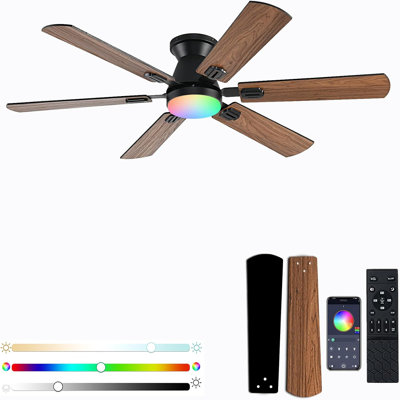 56" RGB Ceiling Fans With Lights - App And Remote Control, Quiet Reversible DC Motor, Flush Mount Double-Sided Blades, 3CCT Dimmable, Smart Low Profile Ceiling Fan For Bedroom Kids Room