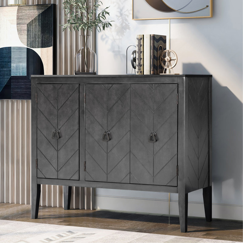 Sideboard Storage Cabinet with Adjustable Shelves, Retro Metal Handles and Solid Pine Wood Legs for Entryway Living Room Dining Room