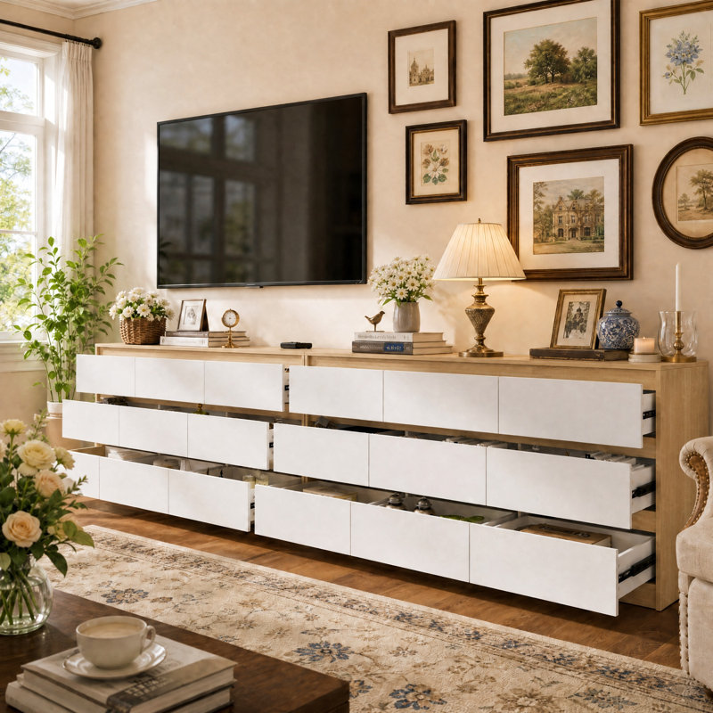 Commode double en bois manufacturé et solide 18 tiroirs Janeiya , Brun / blanc