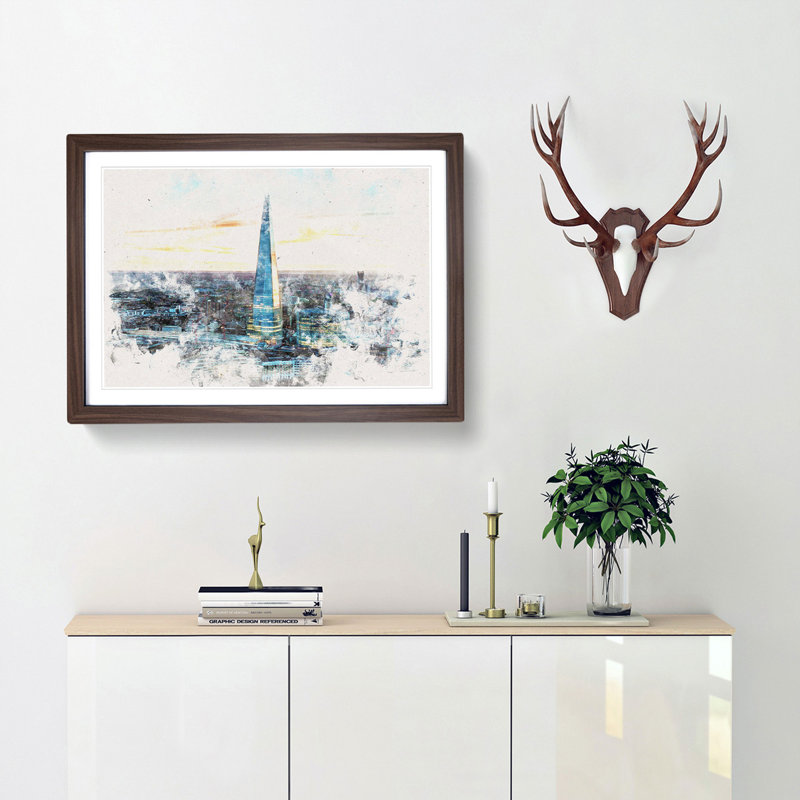 The Shard London England Skyline - Picture Frame Painting Print, Walnut Framed, 33cm H x 45cm W x 2cm D