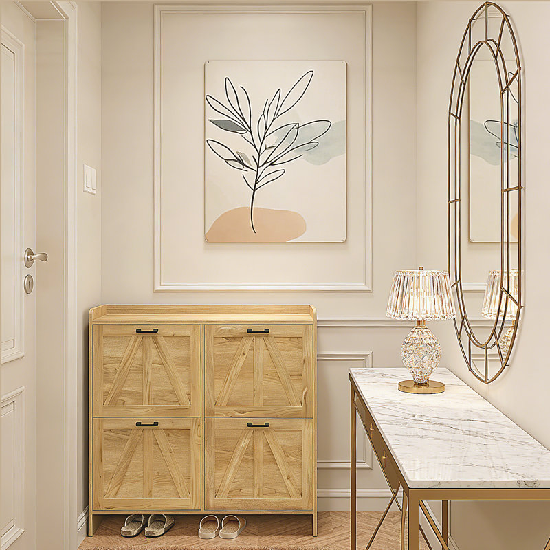 Shoe Cabinet With 4 Flip Drawers, Light Oak