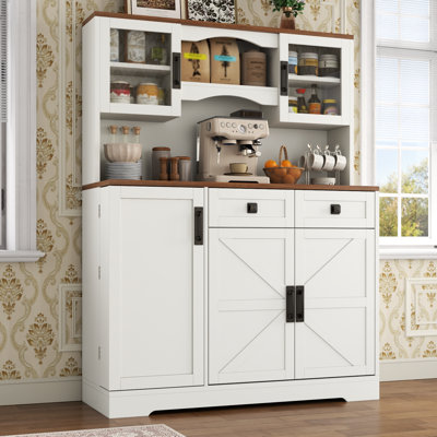 Farmhouse Buffet Cabinets With Storage,Buffet Sideboard Cabinet With Drawers And Glass Door ,Freestanding Coffee Bar With Adjustable Shelves For Dining Room,Kitchen,White