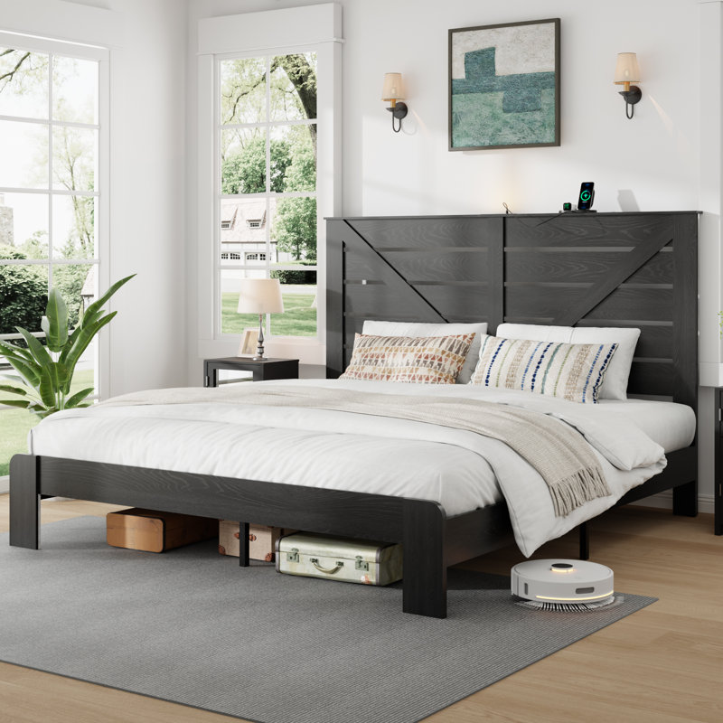 Farmhouse Full Bed Frame with Tall Headboard, Wooden Platform Bed Frame with Charging Station & Led Lights，Noise Free,No Box Spring Needed and Easy Assembly，Black