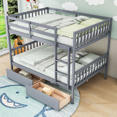 Wooden Convertible Bunk Bed With Storage Drawers And Safety Guardrails