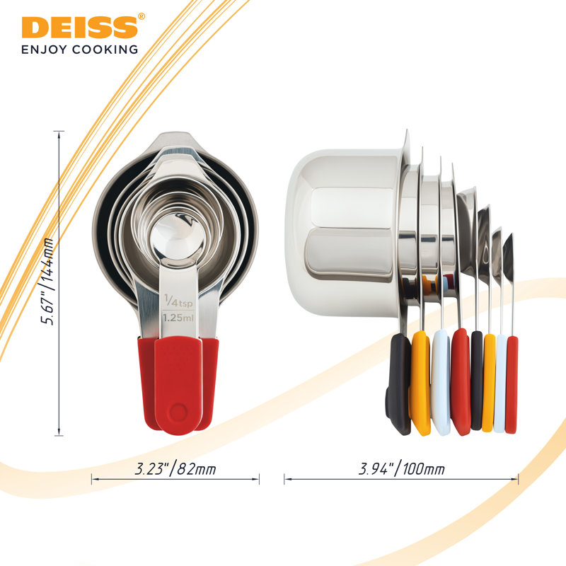 Deiss Lux Stainless Steel Measuring Cups And Spoons Set - Magnetic Measuring Spoons Set, 4 Dry Measuring Cups And 4 Spoons With Color-coded Handles