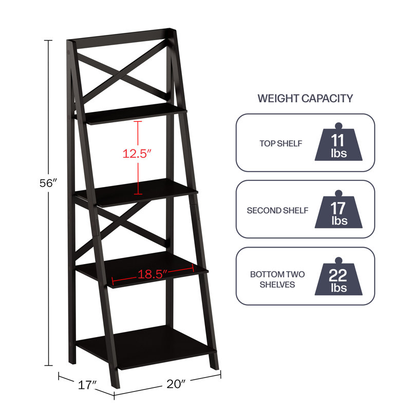 Lavish Home 20"L x 17"W x 56"H 4-Tier Leaning Ladder Bookshelf, Black, Black