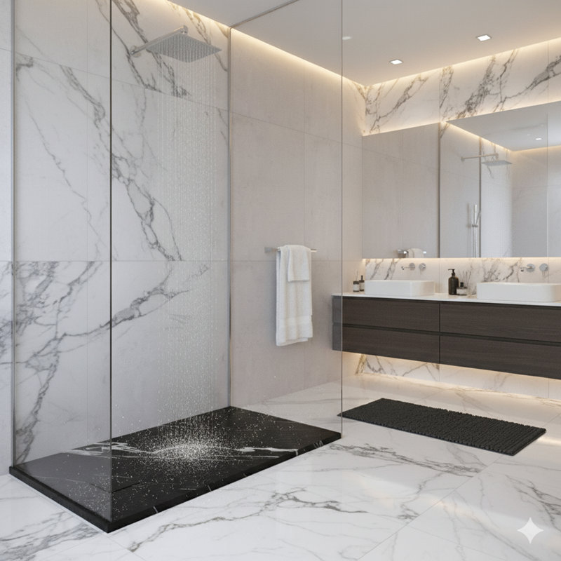 Plateau de base 60 po x 32 po pour surface de douche, antidérapant, profil bas, incurvé, Noir de Carrare