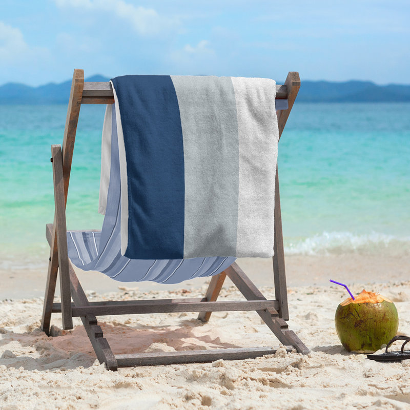 Cotton Blend Lightweight Beach Towel, Navy Blue/Silver/White