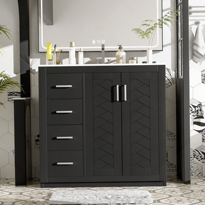 36" Bathroom Vanity with Ceramic Sink Combo, Solid Wood Frame Storage Cabinet, Freestanding Set with 3 Drawers & Soft-Closing Doors
