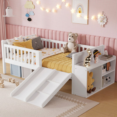 Lit mezzanine simple pour enfants avec glissade, rangement de bibliothèque mobile