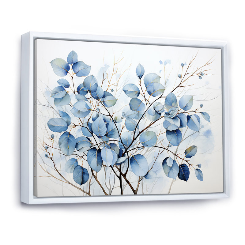 Art mural bleu et gris avec feuilles sur une branche III - feuilles, H 12 po x l 20 po x P 1 po, Cadre flottant blanc