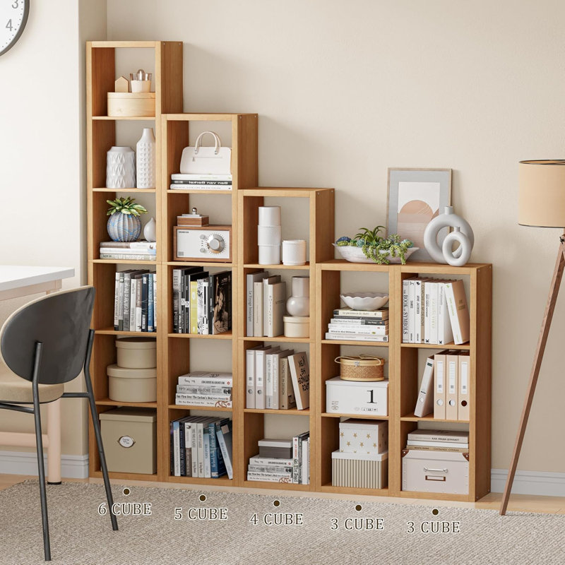 Bibliothèque de rangement à 6 rangées de 6 cubes, tablette décorative à dos ouvert avec cadre épaissi, organisateur en bois robuste avec surface lisse facile à nettoyer pour le salon, la chambre à coucher et le bureau personnel, facile à assembler. (6 carrés, naturel)
