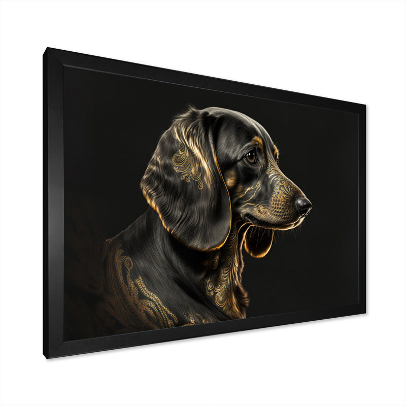 Portrait d'un teckel glam noir VI - reproduction sur toile, L 20 po x H 12 po, Impression noire sur toile encadrée