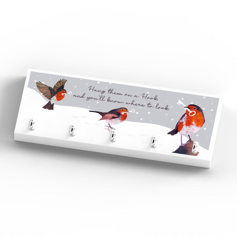 Festive Robin Key Holder Rack Wooden Wall Mounted Plaque Vivid Squid Wholesale Wall Decor