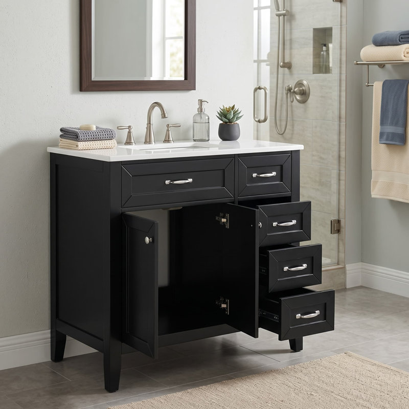 Meuble-lavabo de 91 cm (36 po) avec lavabo intégré, armoire de salle de bain noire avec tiroirs, Noir