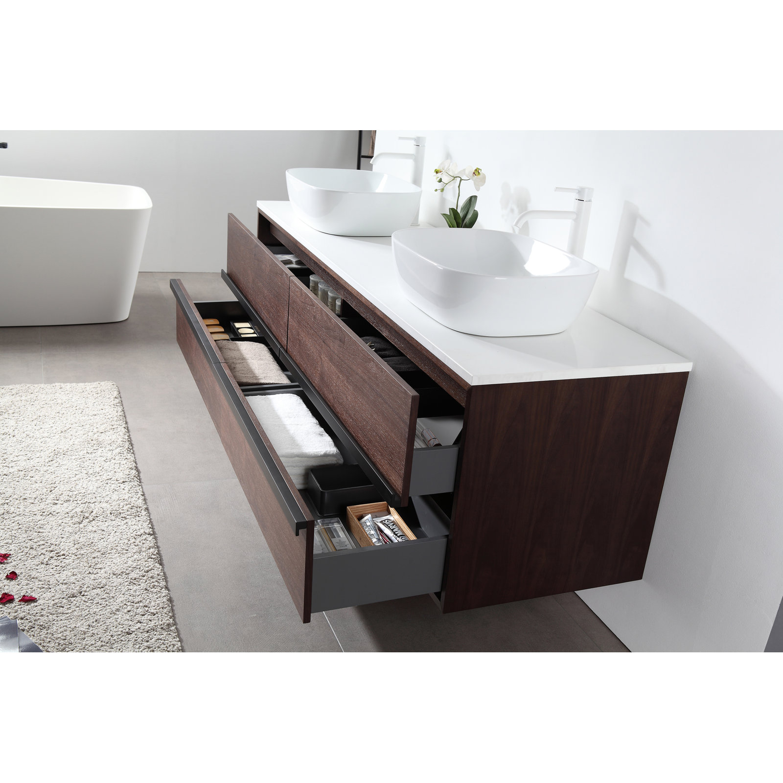 Sintra 72" Cedar Double Bathroom Vanity, Dark Walnut, Gloss White