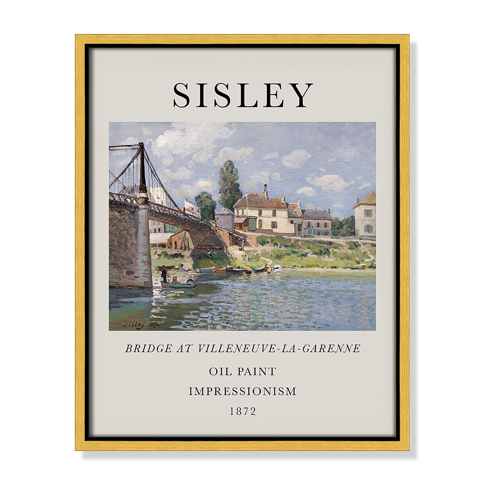Old Masters Collection " The Bridge At Villeneuve " by Alfred Sisley, No, 15.5" H x 12.5" W x 2" D, Gold Floater Frame